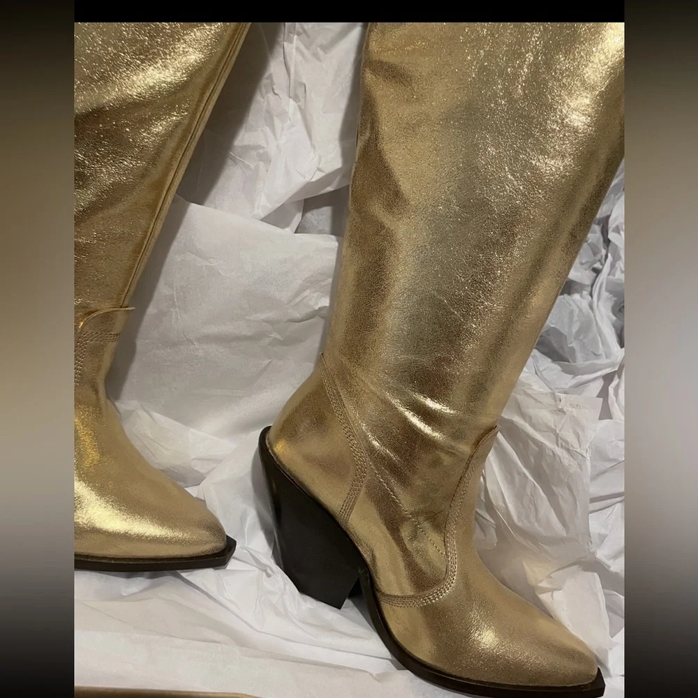 New in Box FREE PEOPLE Triple Crown Over-The-Knee Gold Boots - Picture 7 of 10